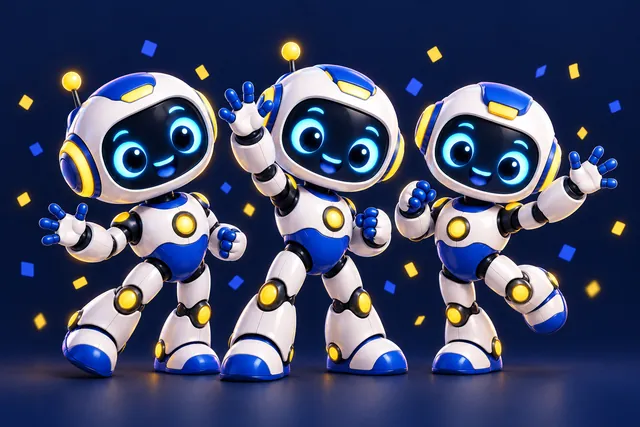 Os 3 robôs ajudantes acenando
