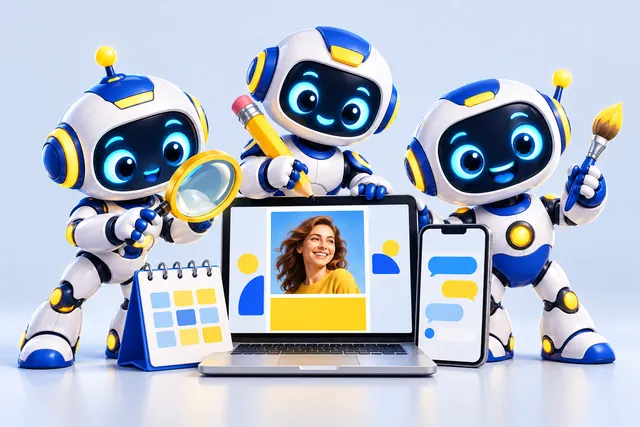 Os 3 robôs ajudantes em volta de um notebook com um carrossel pronto, um celular com o chat e o calendário do sábado